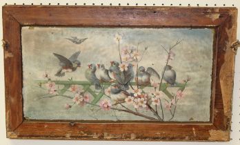 Circa 1930's English school Bluebirds perched on a green fence with apple blossom. Oil on glass