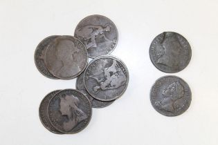 One bag of Queen Victoria pennies 1754 George II half penny 1771 George II half penny