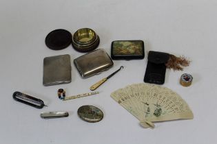 A mixed collector's lot, including a 19th century agate shawl pin, two silver cigarette cases,