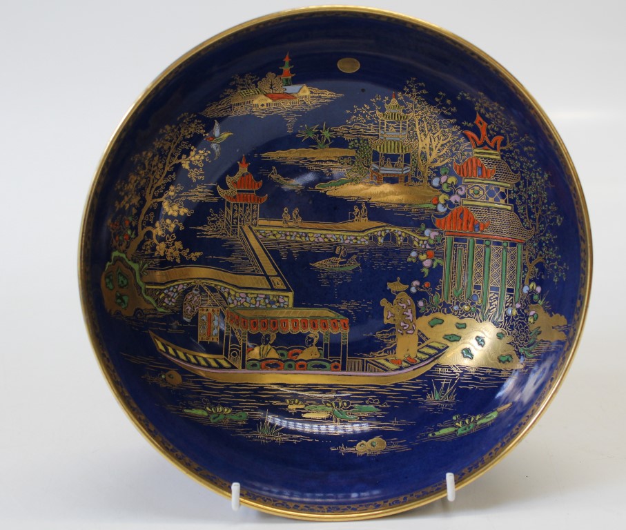 A circa 1921-1926 Carlton Ware Chinoiserie Blue Barge pattern lustre ware bowl of good size. Printed