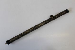 An early 20th century Chinese silver plated opium pipe. Nicely embossed with Immortals, Children,