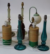 A pair of Habitat bamboo table lamps, together with a pair of blue/green glass lamps, two other