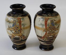 A pair of late Satsuma baluster vases decorated with Samurai, birds and bamboo, height 32cm
