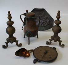 A Salter 200lb spring balance, a Newlyn type beaten copper plaque, 40 x 30cm, a pair of brass fire