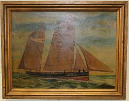 Late 19th century Naive School, a two masted clipper ' Autumn' with figures on deck. Oil on board,