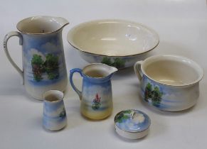 a circa 1930's Falcon Ware six piece toilet set, each transfer decorated with idyllic summer