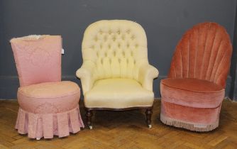 A Victorian lemon button upholstered nursing armchair together with two salmon upholstered bedroom
