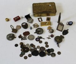 A 1914 Great War Christmas tin, containing silver 3d and other coins, a bullet shell case pencil,