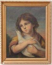 Follower of the circle of Jean - Baptiste Greuze. A young girl cradling a dove. Oil on canvas.
