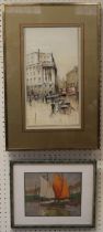 Van der Steen ( 20th century) London street scene with historical buildings, buses and figures.