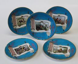 Five late 19th century Minton ' Japonoise' dessert plates, each decorated with an ornithological