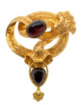 A Victorian garnet and gold set knot mourning brooch, comprising a a decorative knot with embossed