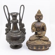 An early 20th century bronze Buddha figurine, hollow base, approx. 18.5cm high, along with an