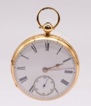 An 18ct gold open faced pocket watch, comprising a white dial with numeral indices, subsidiary at 6,