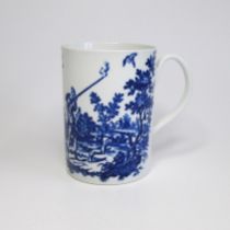 A Worcester mug of cylindrical form, printed in blue and white with rural shooting scenes, circa