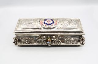 A Victorian silver and enamel Freedom casket, rectangular with cherubs at each corner section with