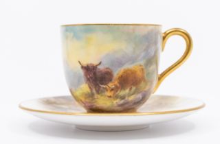 A Royal Worcester coffee cup and saucer, both painted with Highland Cattle and signed by Harry