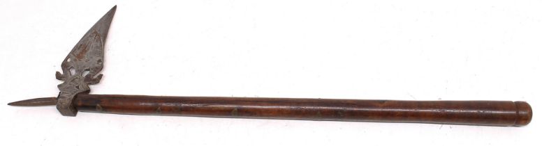 A 19th century Indo-Persian Zaghnol or ‘Crow’s Beak’ axe. Polished wooden haft with knop finial.