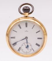 An 18ct gold open faced pocket watch, comprising a white dial with numeral indices, subsidiary