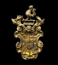 An 18th Century cast gilt lead Armorial plaque probably that of Lever family, 59cm high