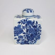 A Worcester tea canister and cover, of rectangular form with slightly domed cover, printed in blue