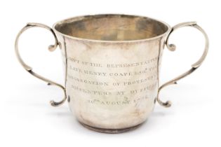 A George II silver two handled porringer cup, plain body with S scroll handles on foot rim, the