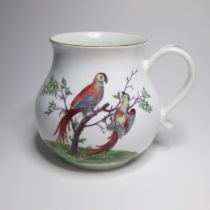 A 18th Century Chelsea porcelain bell shaped mug, hand decorated with two colourful Parrots sat on