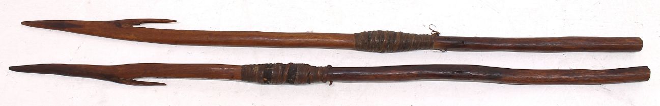 Two Aboriginal wooden spears, both with barbed sections, and bound with sinew. Carved with chevron