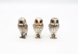 A matched set of Victorian style novelty condiments cast as three barn Owls comprising: mustard