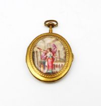 An 18th Century gilt metal oval locket fob, the cover inset with enamel plaque depicting a Classical