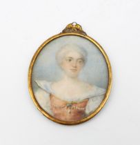 French School (18th Century) Portrait miniature of a Noblewoman with pearl embellishments to dress