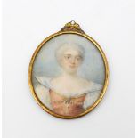 French School (18th Century) Portrait miniature of a Noblewoman with pearl embellishments to dress