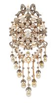 An Edwardian diamond and pearl set brooch/pendant, comprising a rose gold diamond set tiered