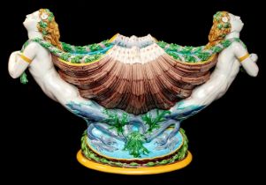 A massive Minton majolica Flower Bearers centrepiece, the design attributed to Albert Carrier