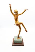 After F Preiss Art Deco style figure of dancing lady on a wooden and marble base. Height approx