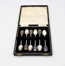 John Hart of Iona - A set of six Elizabeth II stylised silver demitasse spoons, having ornate