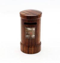 A Modern silver novelty rosewood money box, in the shape of a post box, with mounted silver plaque