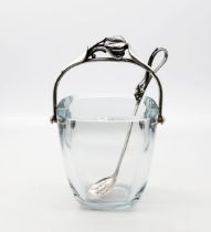 A 20th century Danish tapering clear glass ice bucket, with silver openwork handle and matching long