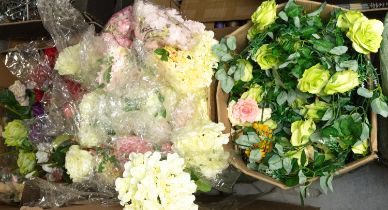 5 large boxes of mixed artificial flowers and garlands.