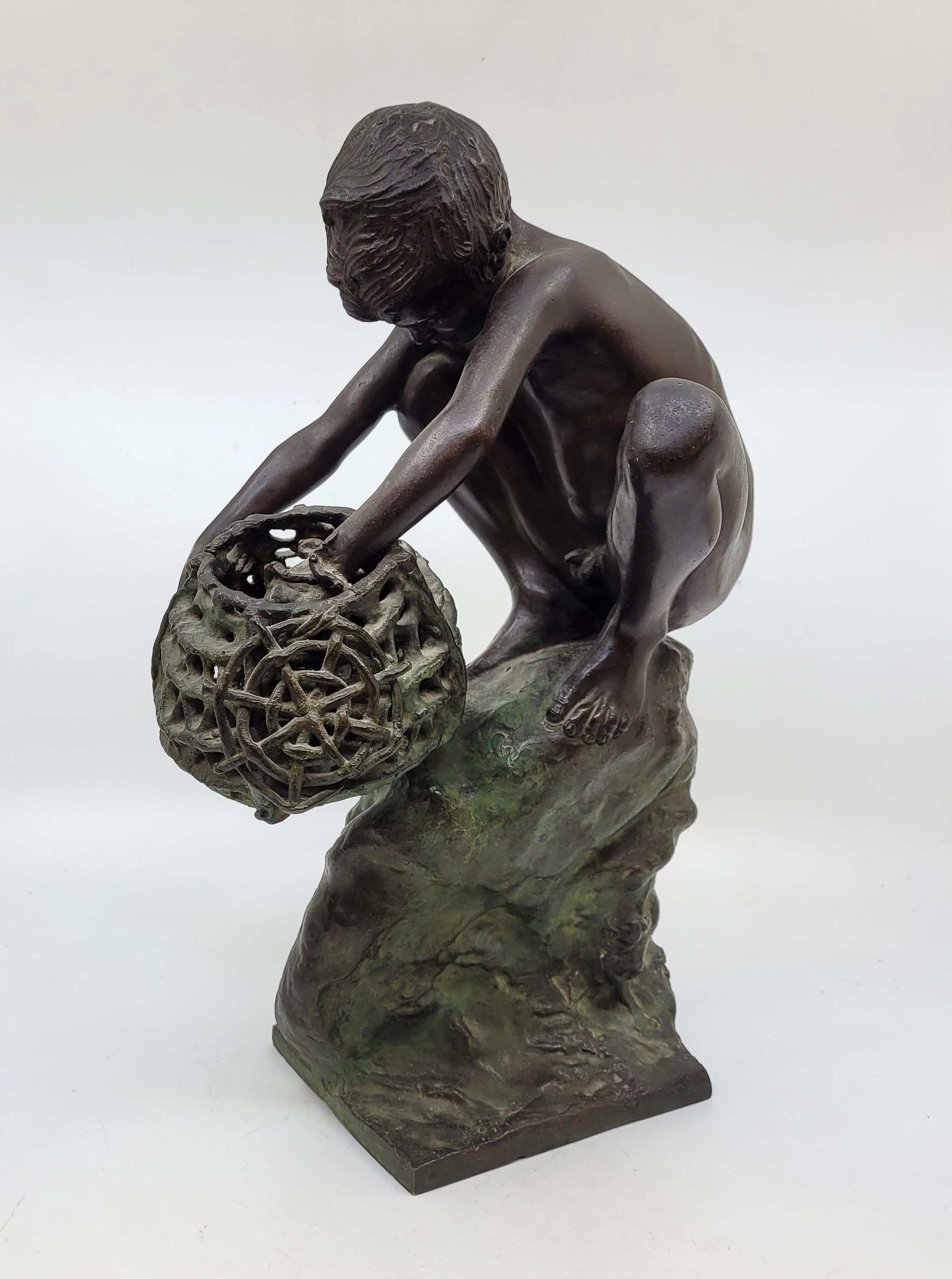 Achille D'Orsi (Naples 1845-1929), "Boy octopus fishing", a bronze figure modelled as a nude boy - Image 8 of 15