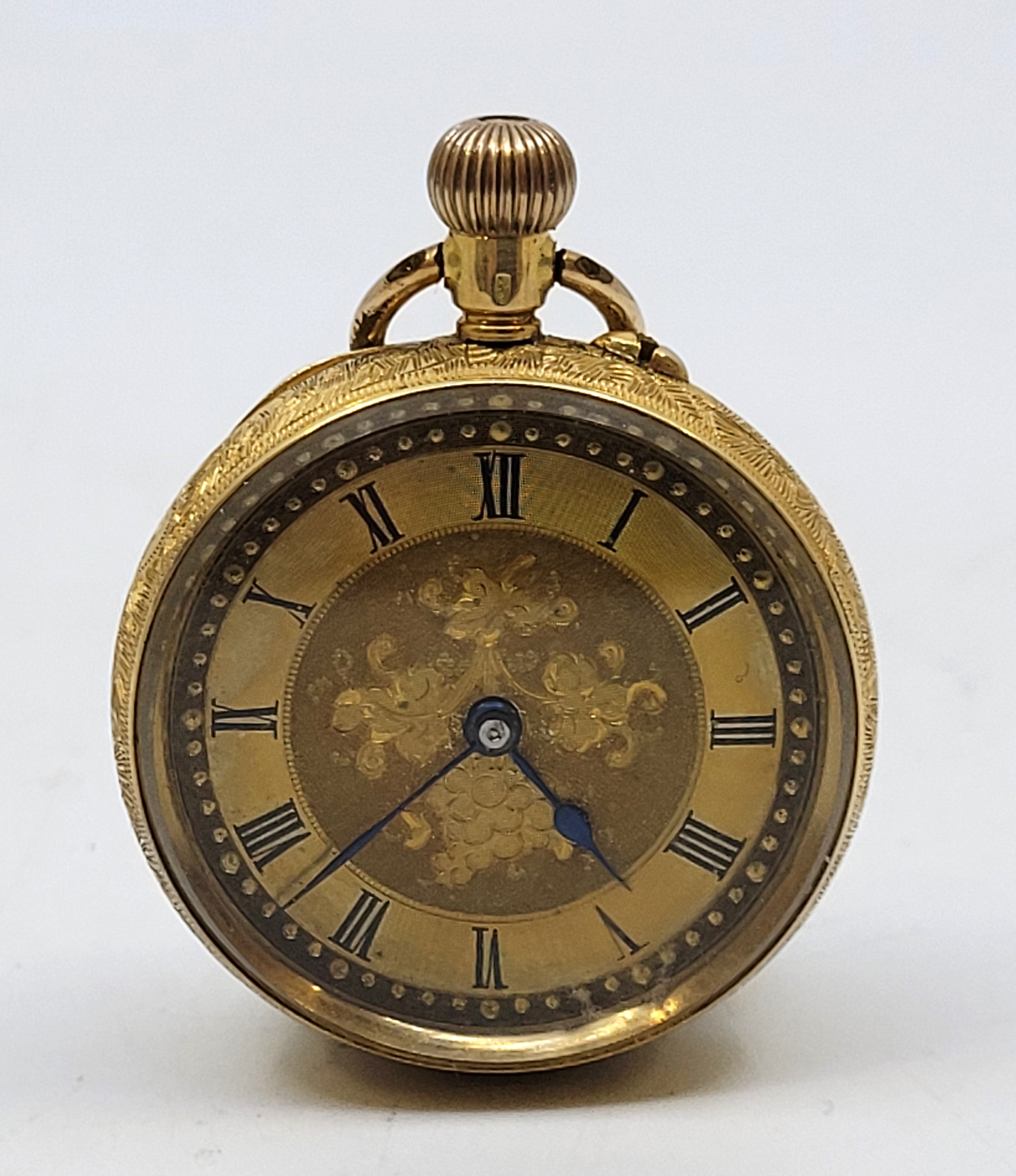 An 18ct. gold ladies fob watch, crown wind, having gold Roman numeral dial with blued spade and whip - Image 5 of 12