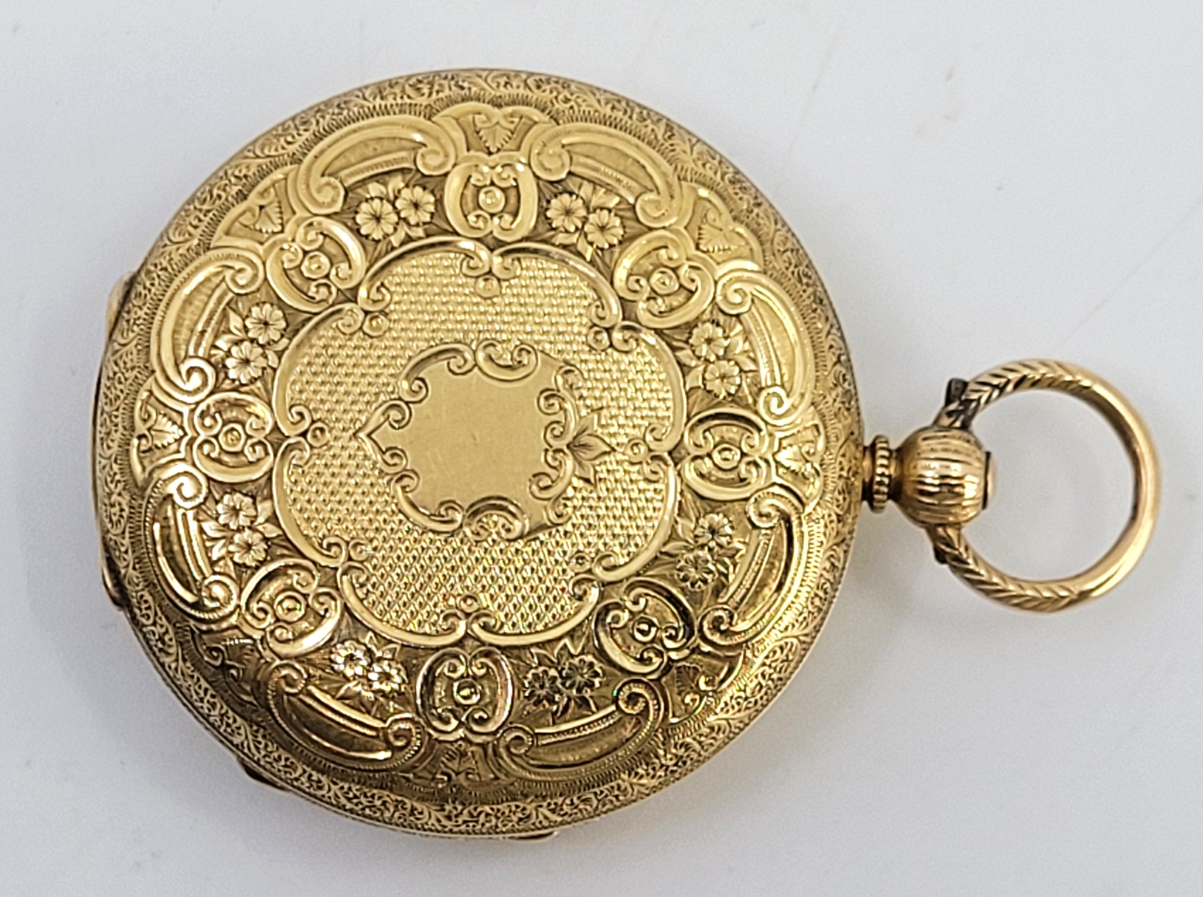 A Victorian 18ct. gold open face fob watch, key wind, having gold engine turned dial engraved - Image 7 of 15