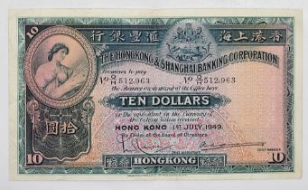 Hong Kong: A Hong Kong & Shanghai Banking Corporation 10 dollars note, 1st July 1949, O/H 512,963.