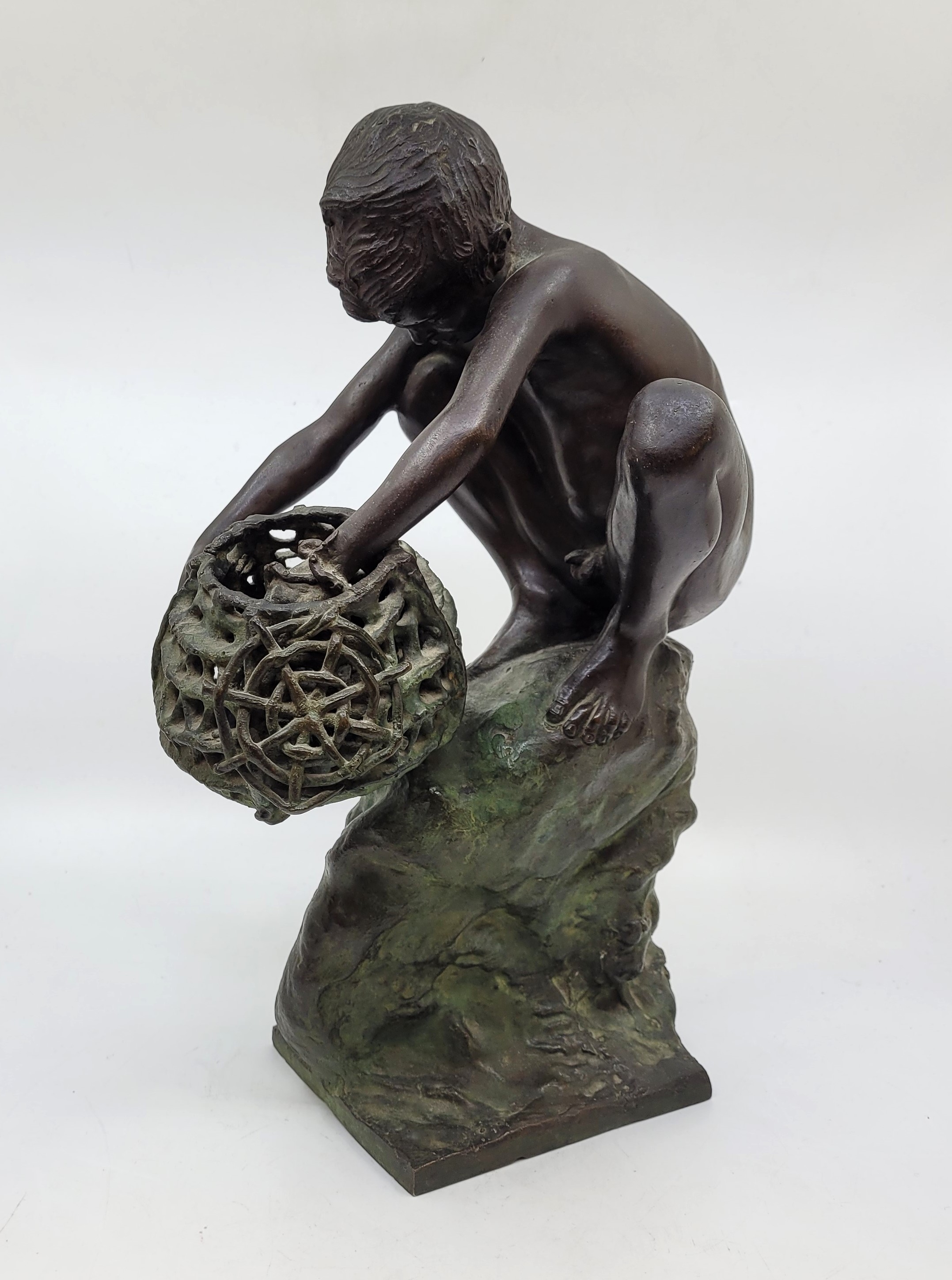 Achille D'Orsi (Naples 1845-1929), "Boy octopus fishing", a bronze figure modelled as a nude boy - Image 3 of 15