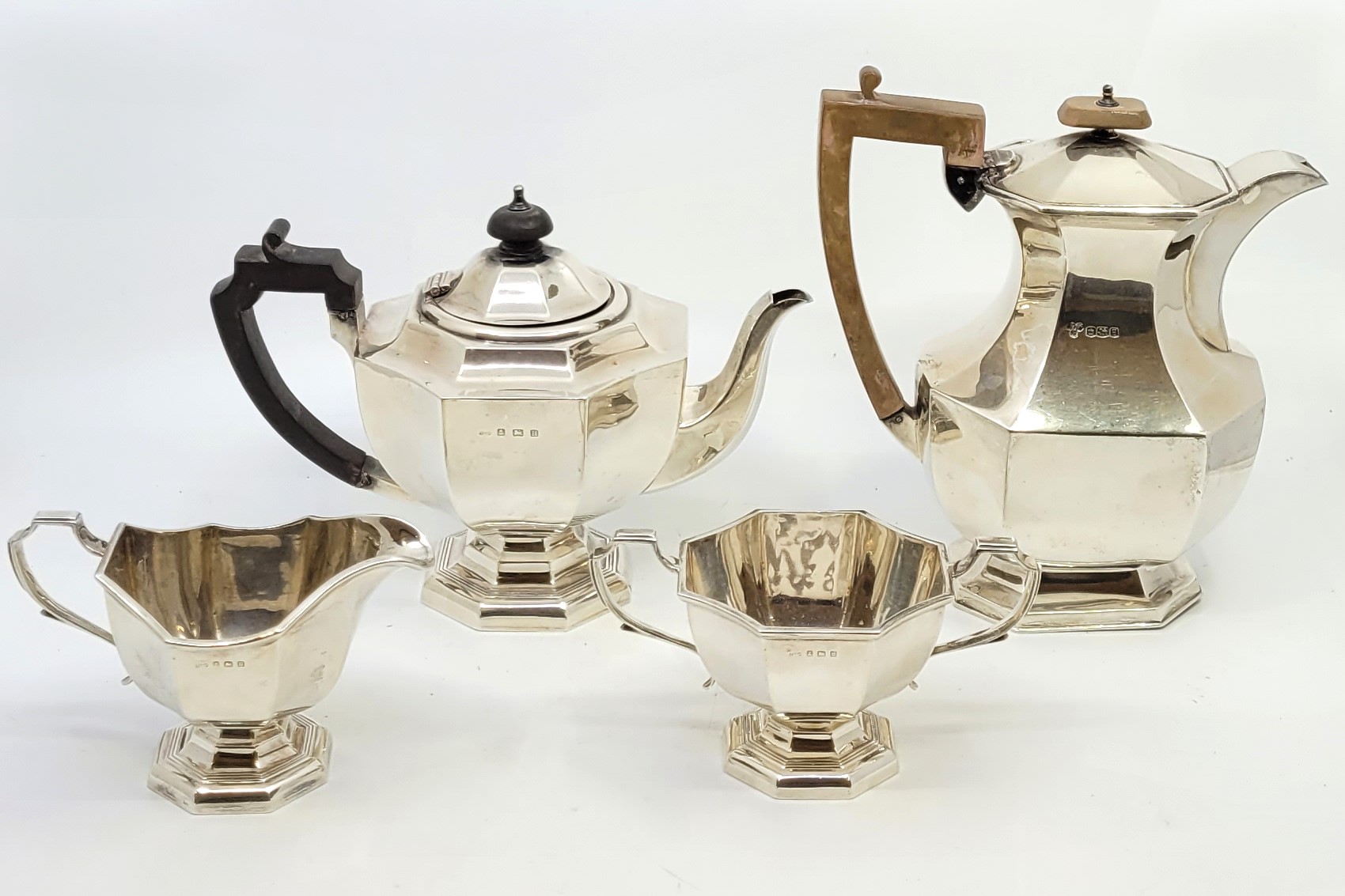 A three piece silver tea service, by G Bryan & Co, Birmingham 1932, comprising teapot, twin - Image 9 of 12