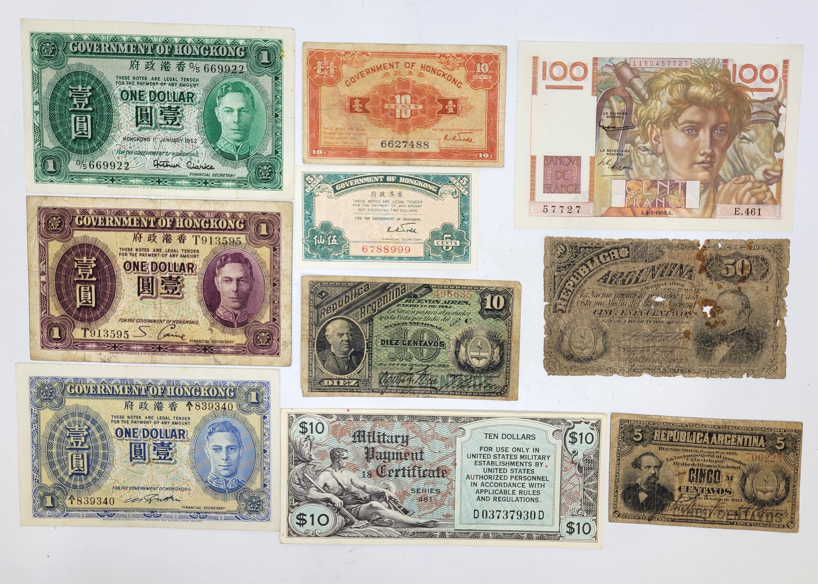 A U.S. 10 dollars series 481 Military Payment Certificate, c.1951-54. Also Hong Kong: five George VI - Image 5 of 6