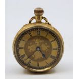 An 18ct. gold ladies fob watch, crown wind, having gold Roman numeral dial with blued spade and whip