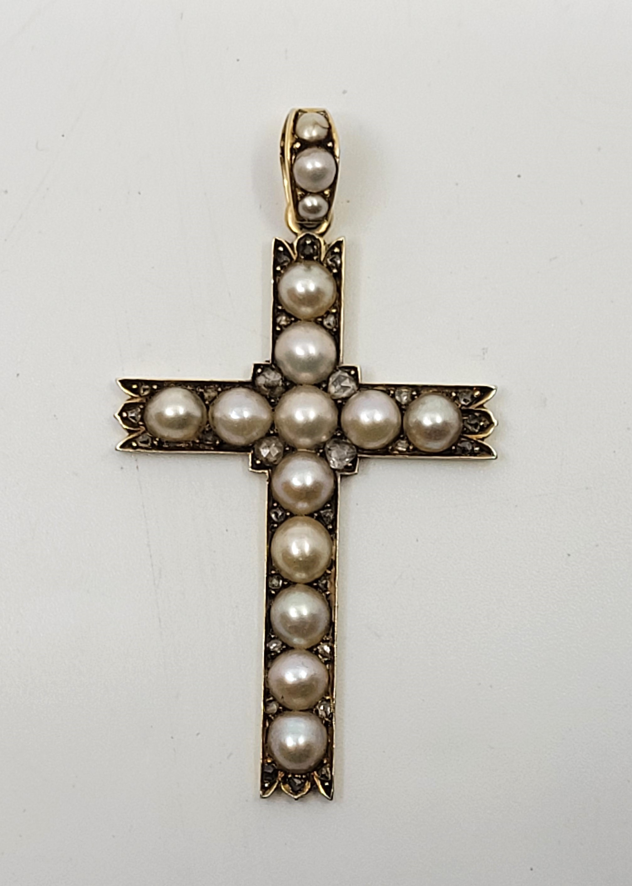 A precious yellow metal, diamond and cultured pearl cross, set rows of cultured pearls with pairs of - Image 5 of 9