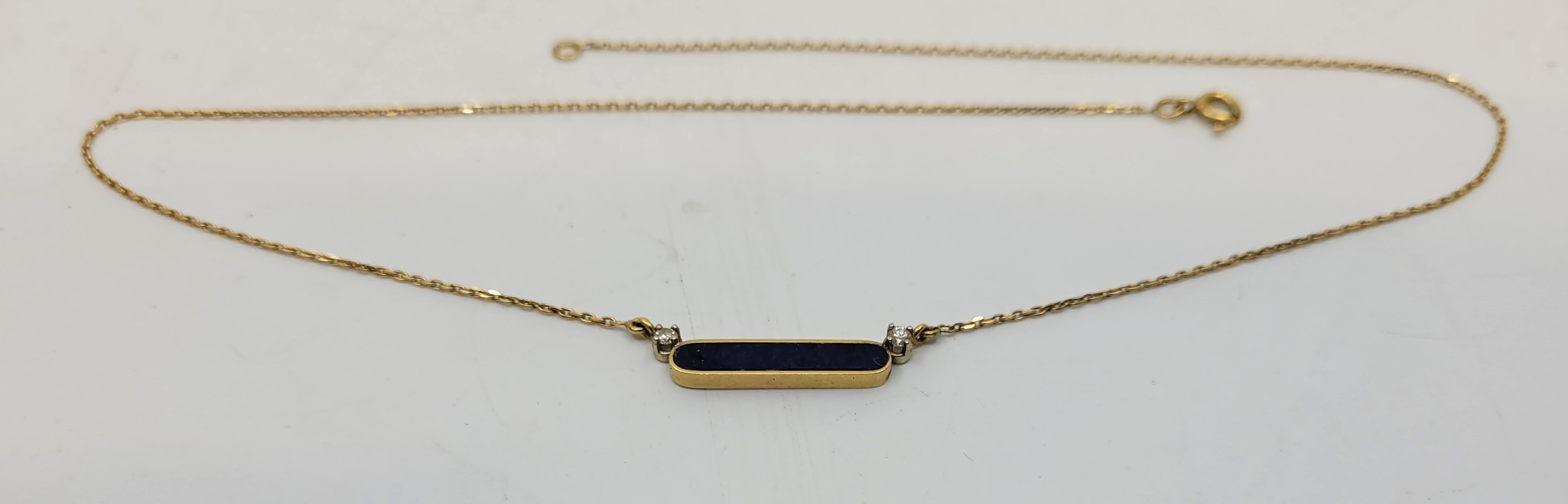 An 18ct. yellow gold lapis lazuli and diamond choker pendant necklace, fashioned as horizontal bar - Image 7 of 9