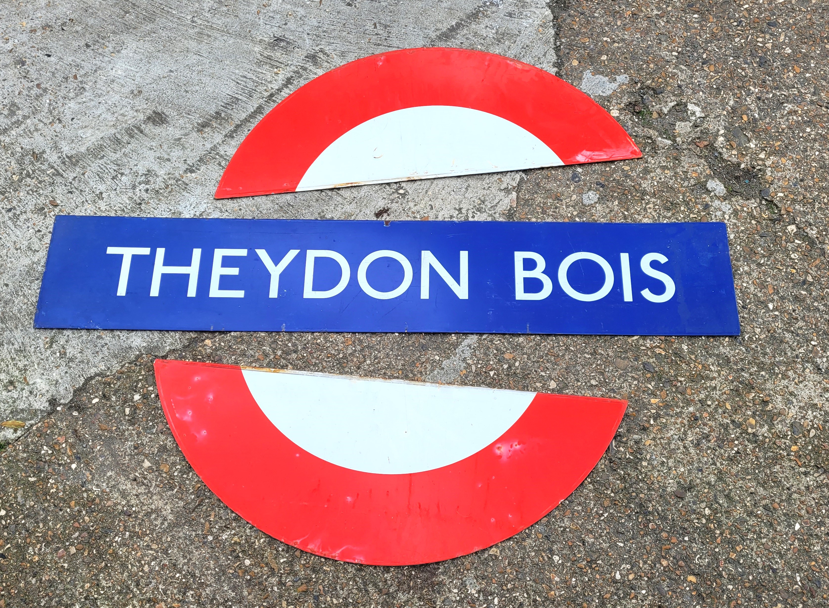 "Theydon Bois", an original three piece enamelled London Underground station sign, length 149cm. - Image 3 of 5